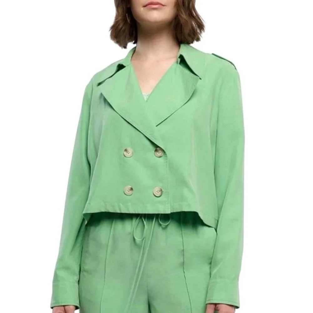 Anthropologie Current Air Green 2 Piece Cropped Jacket Wide Leg Pants M 2565